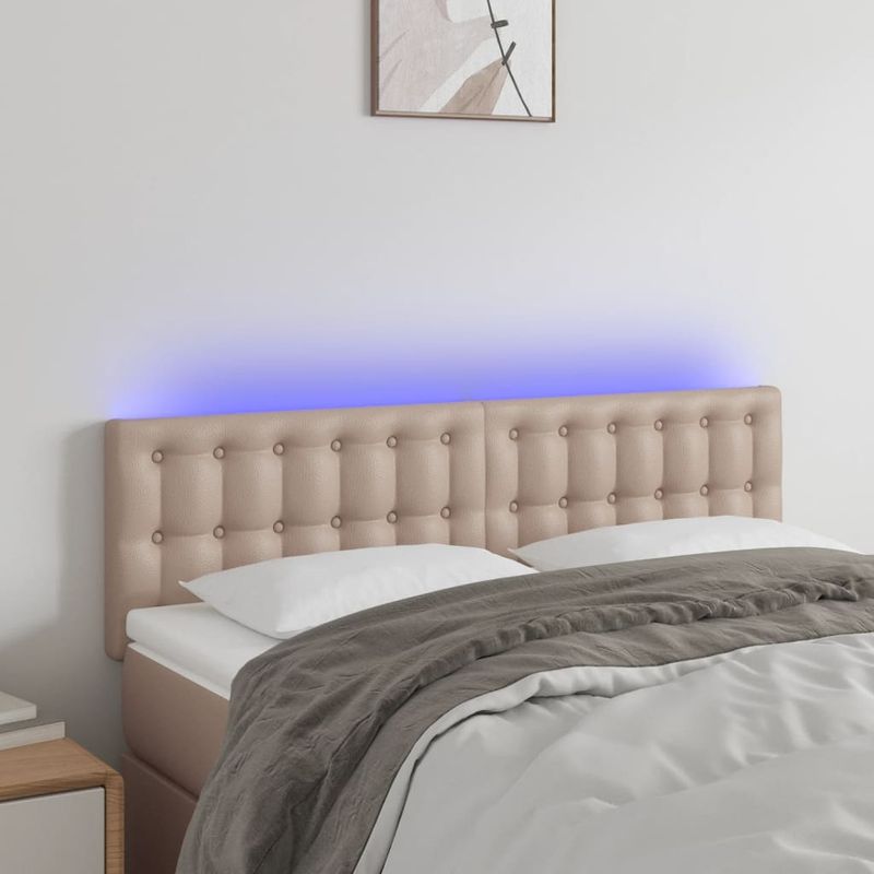 Casa si Gradina - Mobilier - Paturi si accesorii - Accesorii paturi - Tablie de pat cu LED cappuccino 144x5x78/88 cm piele ecologica - Infinity.ro