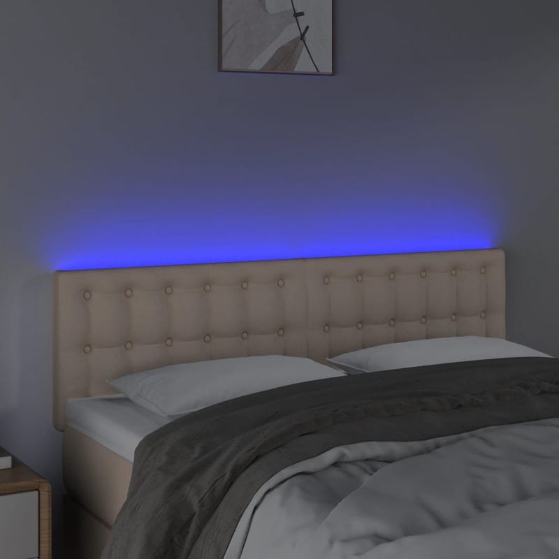 Casa si Gradina - Mobilier - Paturi si accesorii - Accesorii paturi - Tablie de pat cu LED cappuccino 144x5x78/88 cm piele ecologica - Infinity.ro