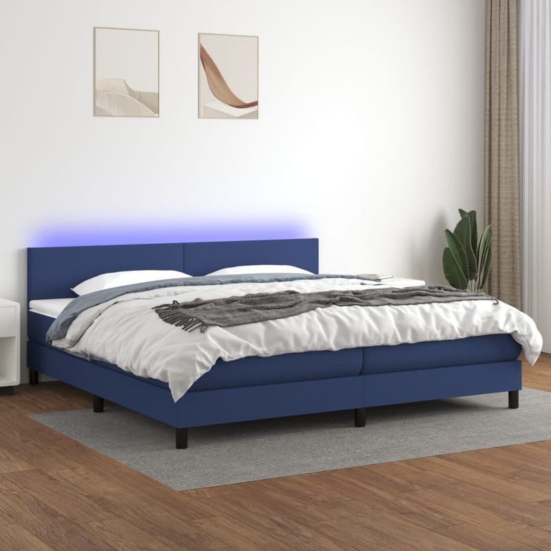 Casa si Gradina - Mobilier - Paturi si accesorii - Paturi - Pat cu arcuri, saltea si LED, albastru, 200x200 cm, textil - Infinity.ro