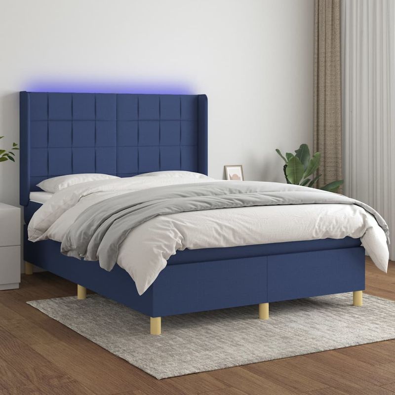 Casa si Gradina - Mobilier - Paturi si accesorii - Paturi - Pat cu arcuri, saltea si LED, albastru, 140x190 cm, textil - Infinity.ro