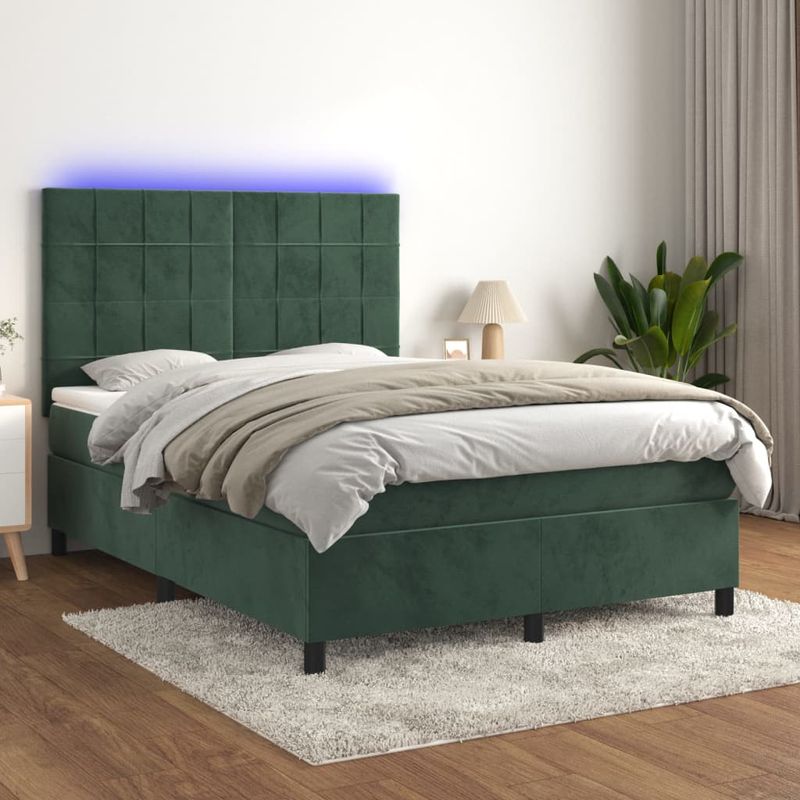 Casa si Gradina - Mobilier - Paturi si accesorii - Paturi - Pat cu arcuri, saltea si LED, verde inchis, 140x200 cm, catifea - Infinity.ro