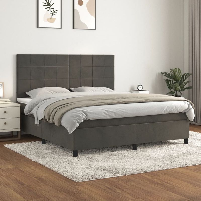Casa si Gradina - Mobilier - Paturi si accesorii - Paturi - Pat box spring cu saltea, gri inchis, 180x200 cm, catifea - Infinity.ro