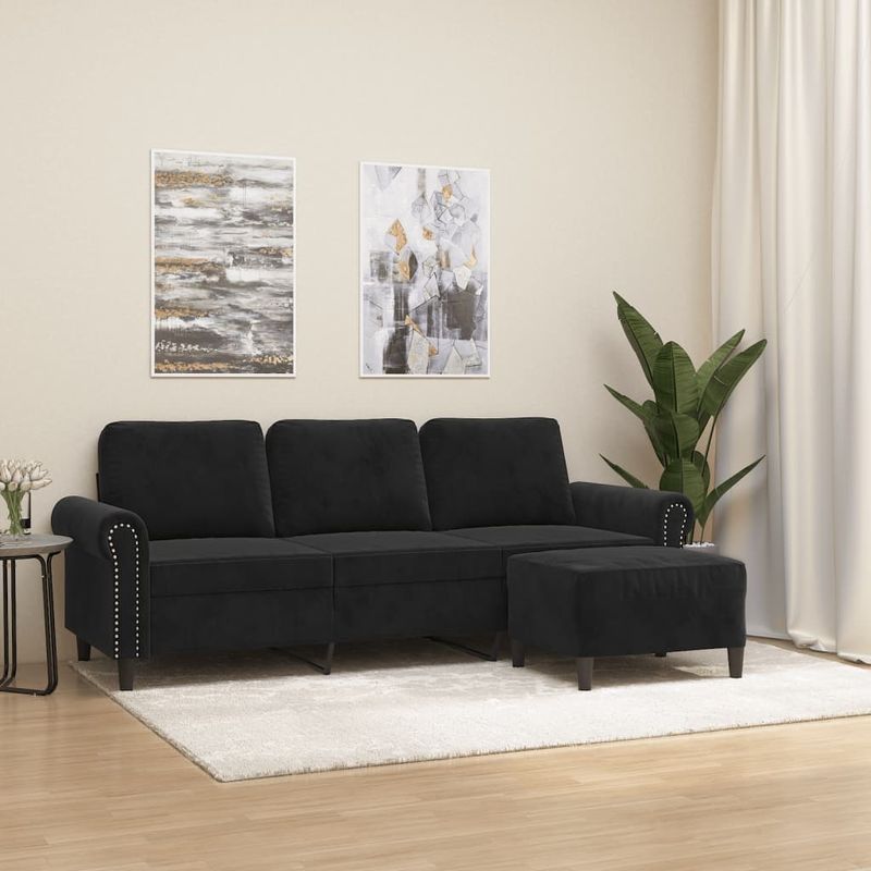 Casa si Gradina - Mobilier - Canapele si coltare - Canapele - Canapea cu 3 locuri si taburet, negru, 180 cm, catifea - Infinity.ro