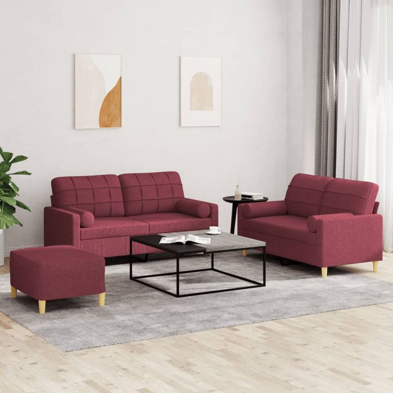 Casa si Gradina - Mobilier - Seturi de mobilier - Seturi living - Set canapea cu perne, 3 piese, rosu vin, material textil - Infinity.ro