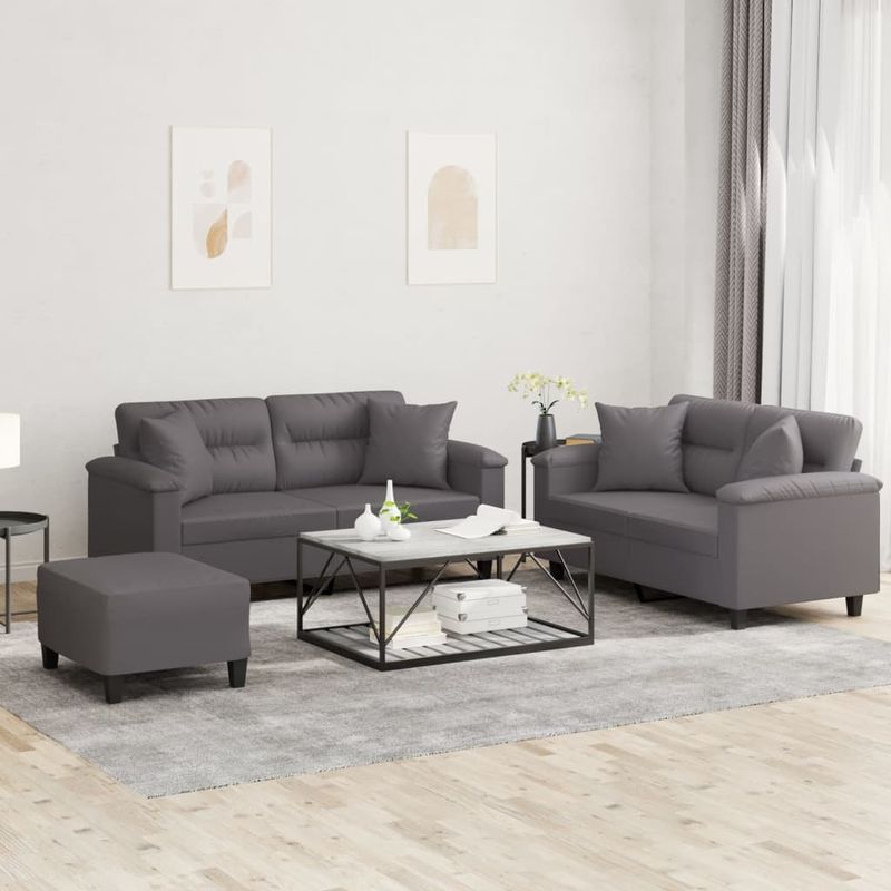 Casa si Gradina - Mobilier - Seturi de mobilier - Seturi living - Set de canapele cu perne, 3 piese, gri, piele ecologica - Infinity.ro