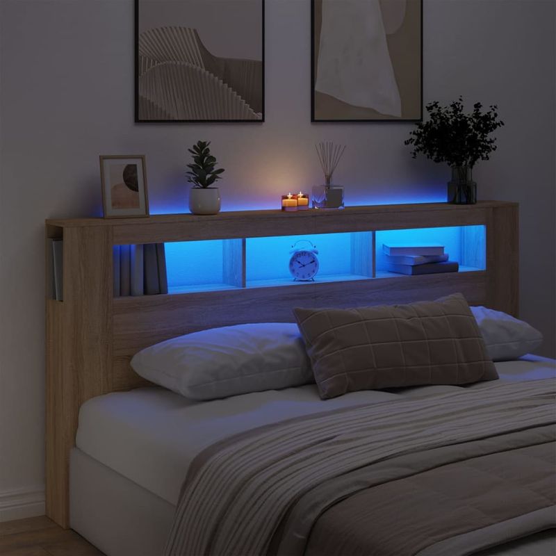 Casa si Gradina - Mobilier - Paturi si accesorii - Accesorii paturi - Tablie de pat cu LED, stejar sonoma, 200x18,5x103,5 cm, lemn - Infinity.ro