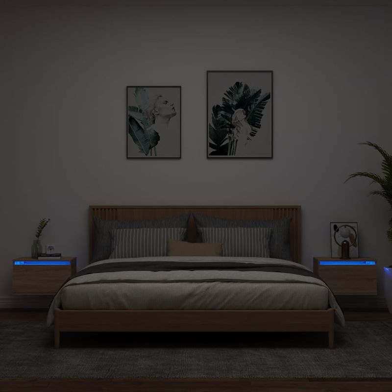 Casa si Gradina - Mobilier - Comode si corpuri - Noptiere - Noptiere montate pe perete cu lumini LED, 2 buc., stejar sonoma - Infinity.ro
