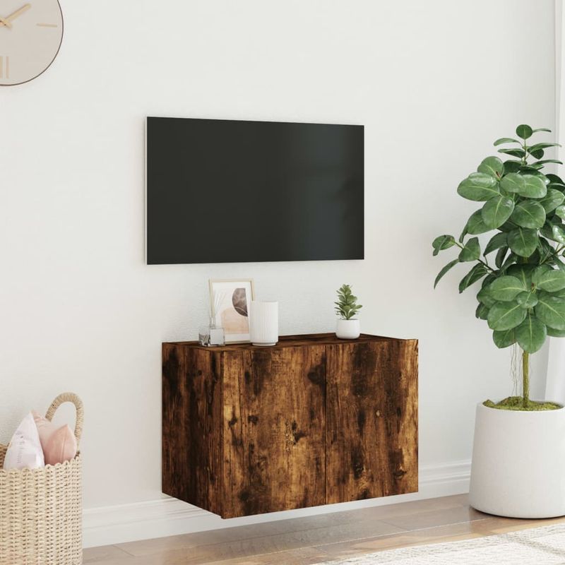 Casa si Gradina - Mobilier - Comode si corpuri - Comode - Comoda TV de perete cu lumini LED, stejar fumuriu, 60x35x41 cm - Infinity.ro