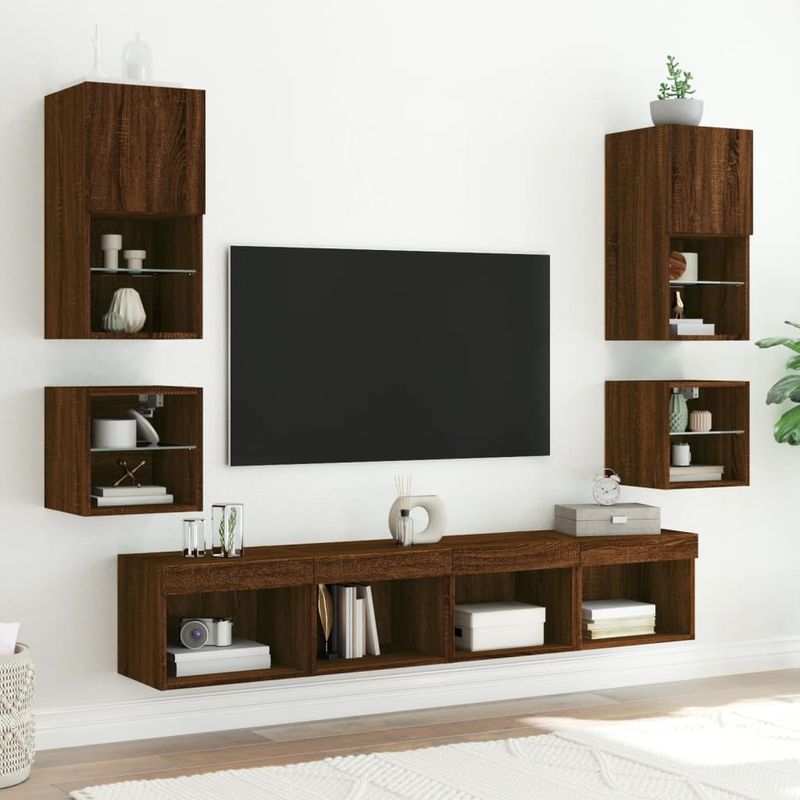 Casa si Gradina - Mobilier - Comode si corpuri - Comode - Noptiera cu Lumini LED Montate pe perete 2 buc Stejar Maro - Infinity.ro