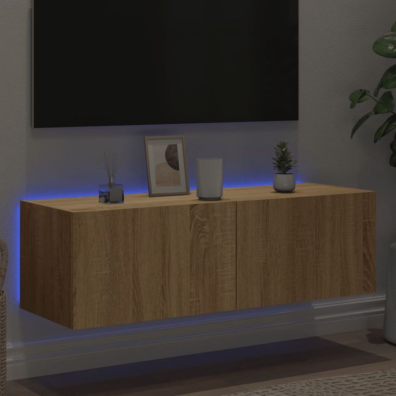 Casa si Gradina - Mobilier - Comode si corpuri - Comode - Comoda TV de perete cu lumini LED, stejar sonoma, 100x35x31 cm - Infinity.ro