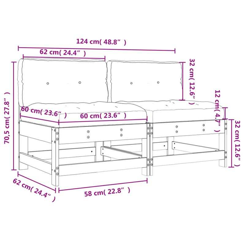 Casa si Gradina - Gradina si terasa - Mobilier exterior - Canapele si fotolii gradina - Canapele de mijloc cu perne, 2 buc., gri, lemn masiv de pin - Infinity.ro