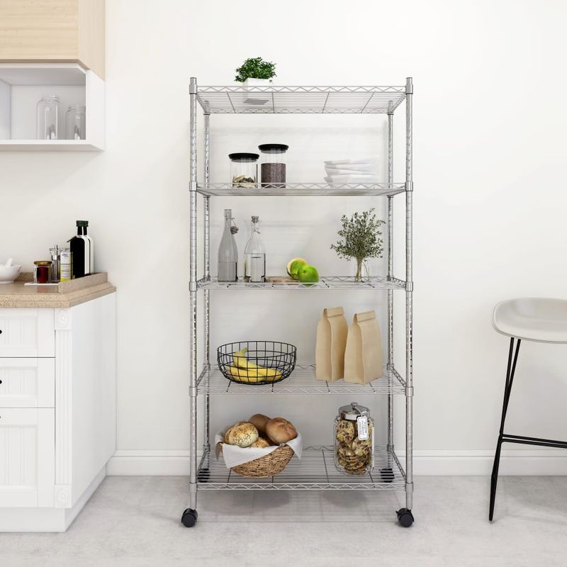 Casa si Gradina - Mobilier - Biblioteci si rafturi - Rafturi - Raft depozitare cu roti, 5 niveluri, 75x35x155 cm, crom, 250 kg - Infinity.ro