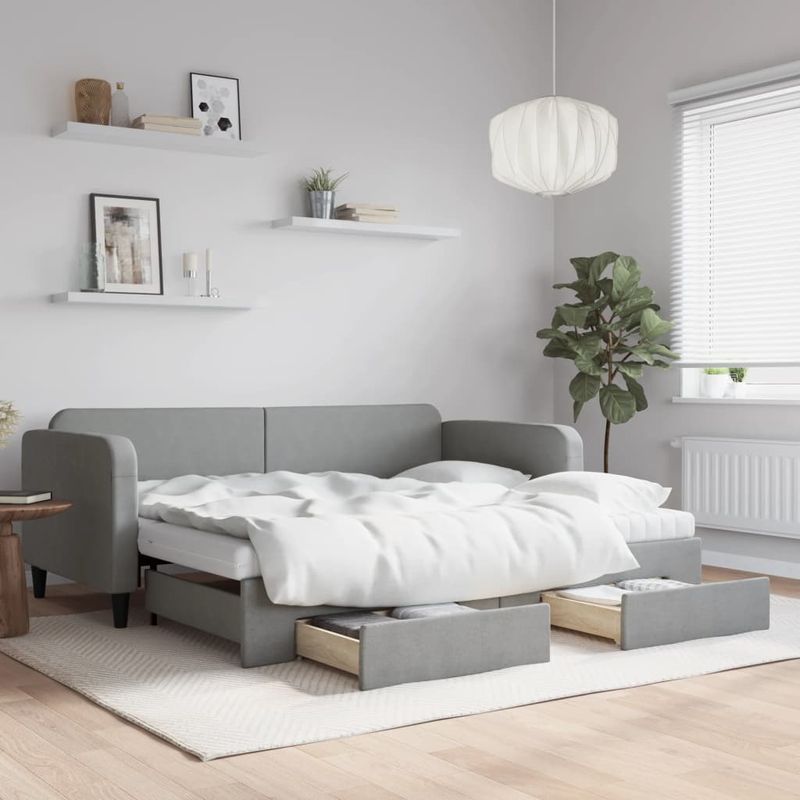 Casa si Gradina - Mobilier - Paturi si accesorii - Paturi - Pat de zi cu extensie si sertare, gri deschis, 90x200 cm textil - Infinity.ro