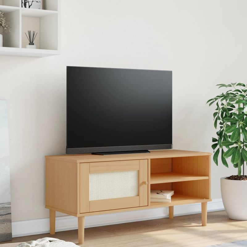 Casa si Gradina - Mobilier - Comode si corpuri - Comode - Comoda TV SENJA aspect ratan maro, 106x40x49 cm, lemn masiv pin - Infinity.ro