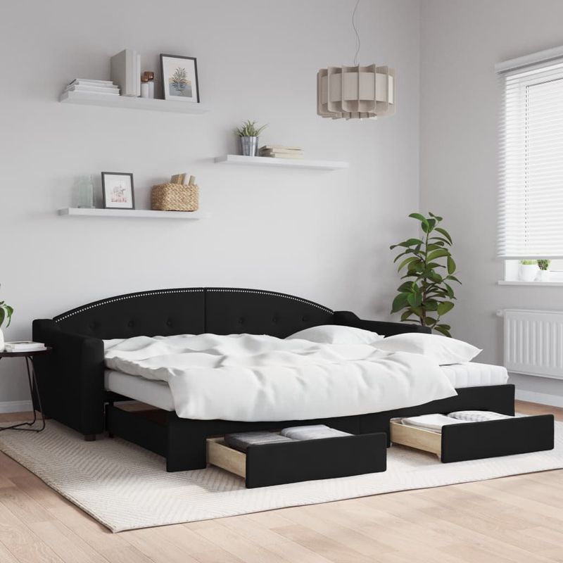 Casa si Gradina - Mobilier - Paturi si accesorii - Paturi - Pat de zi cu extensie si sertare, negru, 90x200 cm, textil - Infinity.ro