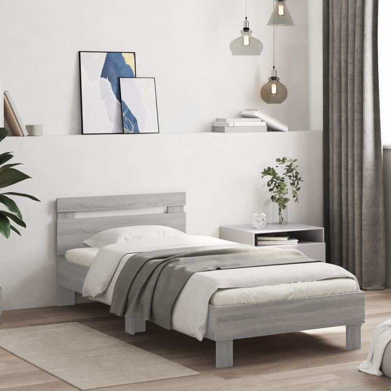 Casa si Gradina - Mobilier - Paturi si accesorii - Paturi - Cadru de pat cu tablie si lumini LED, gri sonoma, 90x190 cm - Infinity.ro