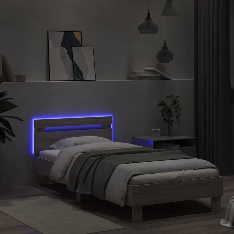 Casa si Gradina - Mobilier - Paturi si accesorii - Paturi - Cadru de pat cu tablie si lumini LED, gri sonoma, 90x190 cm - Infinity.ro