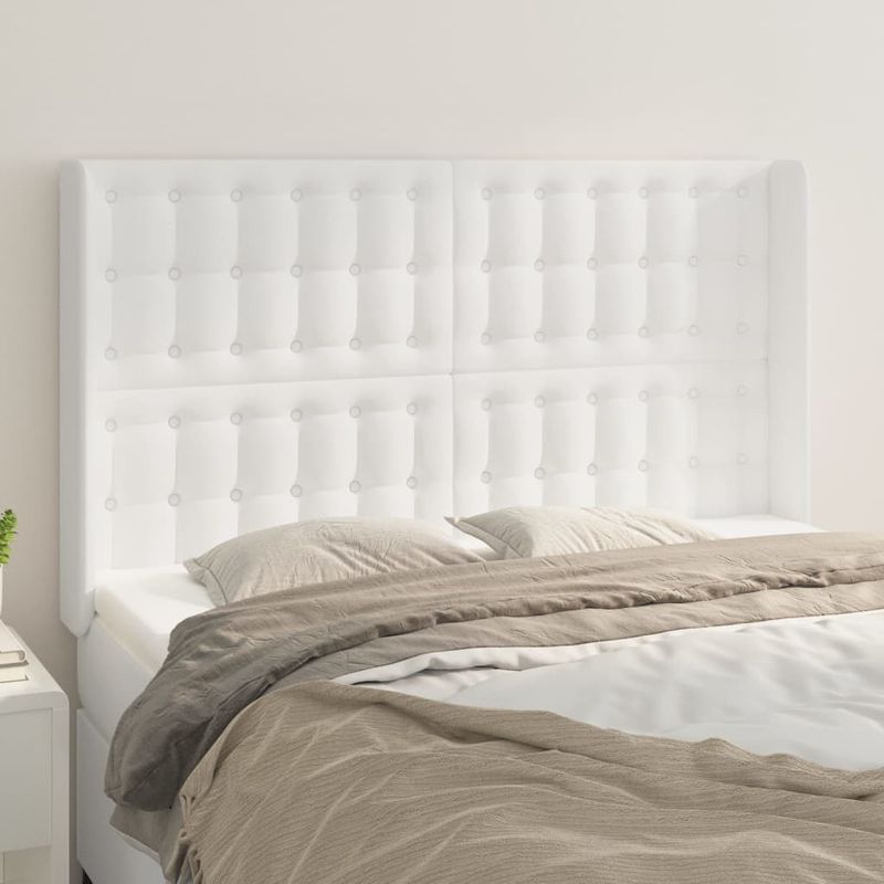 Casa si Gradina - Mobilier - Paturi si accesorii - Accesorii paturi - Tablie de pat cu aripioare, alb, 147x16x118/128 cm, piele eco - Infinity.ro