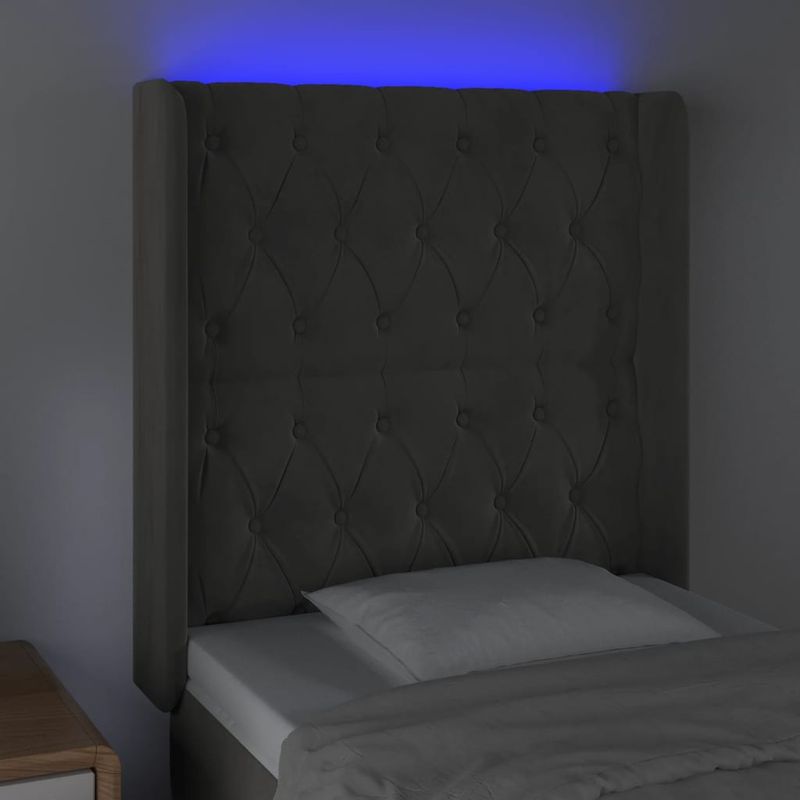 Casa si Gradina - Mobilier - Paturi si accesorii - Accesorii paturi - Tablie de pat cu LED, gri inchis, 83x16x118/128 cm, catifea - Infinity.ro