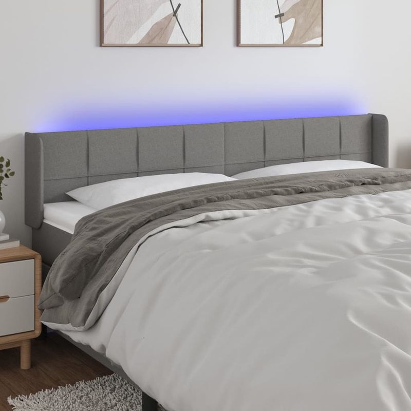 Casa si Gradina - Mobilier - Paturi si accesorii - Accesorii paturi - Tablie de pat cu LED, gri inchis, 203x16x78/88 cm, textil - Infinity.ro
