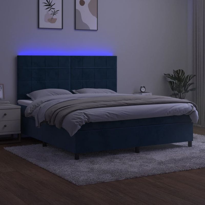 Casa si Gradina - Mobilier - Paturi si accesorii - Paturi - Pat cu arcuri, saltea si LED, bleumarin, 180x200 cm, catifea - Infinity.ro