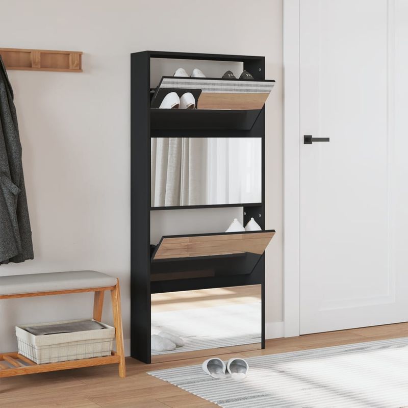 Casa si Gradina - Mobilier - Organizare si depozitare - Organizator incaltaminte - Pantofar cu oglinda, 4 niveluri, negru, 63x17x134 cm - Infinity.ro