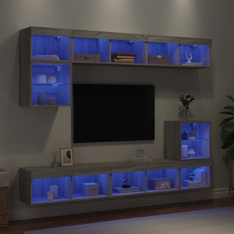 Casa si Gradina - Mobilier - Comode si corpuri - Comode - Unitati de perete TV cu LED-uri, 8 piese, gri sonoma, lemn - Infinity.ro
