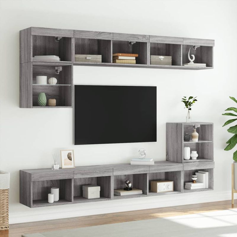 Casa si Gradina - Mobilier - Comode si corpuri - Comode - Unitati de perete TV cu LED-uri, 8 piese, gri sonoma, lemn - Infinity.ro