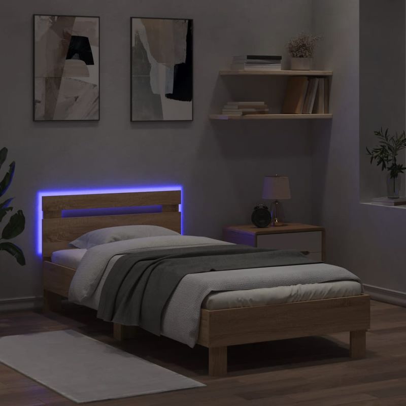 Casa si Gradina - Mobilier - Paturi si accesorii - Paturi - Cadru de pat cu tablie si lumini LED, stejar sonoma, 75x190 cm - Infinity.ro