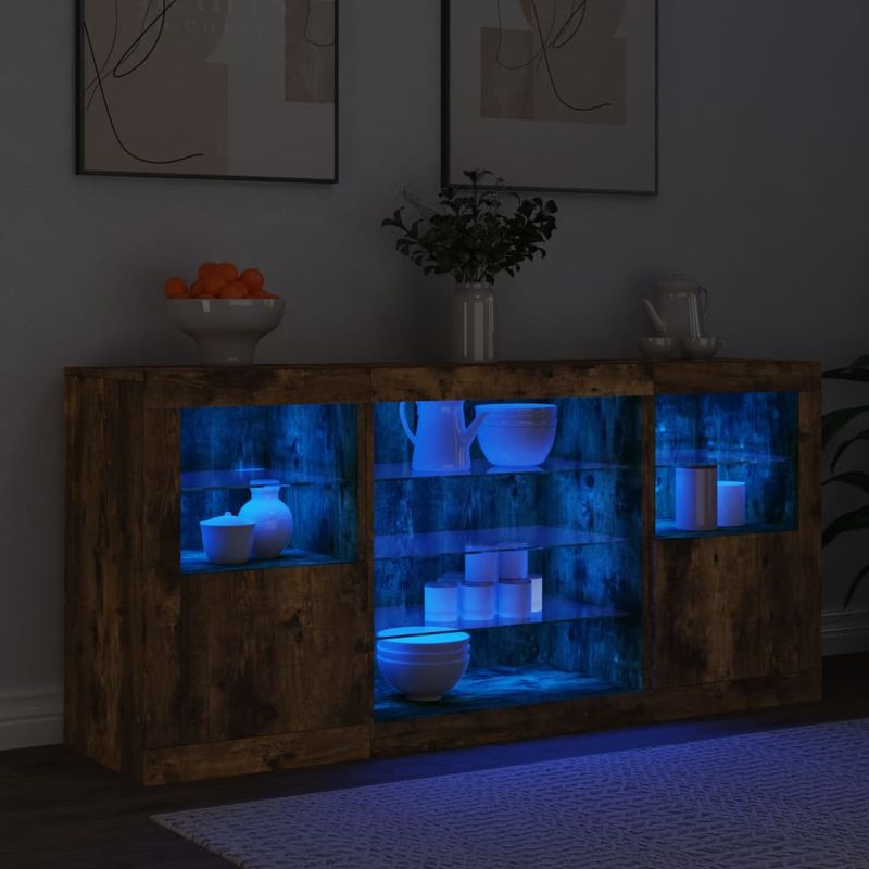 Casa si Gradina - Mobilier - Comode si corpuri - Comode - Servanta cu lumini LED, stejar fumuriu, 142,5x37x67 cm - Infinity.ro