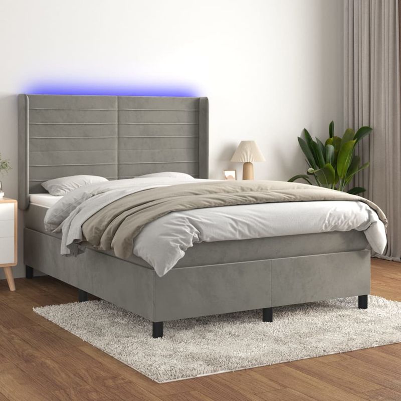 Casa si Gradina - Mobilier - Paturi si accesorii - Paturi - Pat continental cu saltea si LED gri deschis 140x190 cm catifea - Infinity.ro