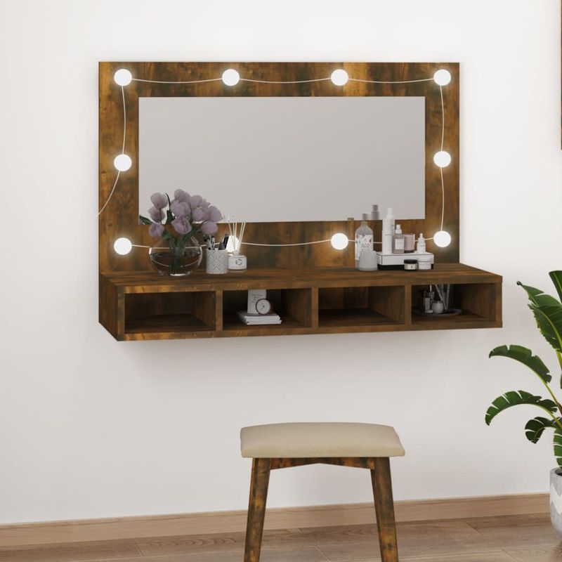 Casa si Gradina - Mobilier - Comode si corpuri - Masute de toaleta - Dulap cu oglinda si LED, stejar fumuriu, 90x31,5x62 cm - Infinity.ro