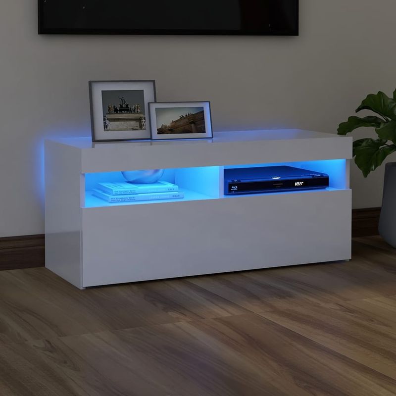Casa si Gradina - Mobilier - Comode si corpuri - Comode - Comoda TV cu lumini LED, alb extralucios, 90x35x40 cm - Infinity.ro