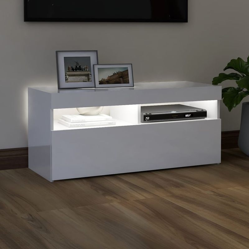 Casa si Gradina - Mobilier - Comode si corpuri - Comode - Comoda TV cu lumini LED, alb extralucios, 90x35x40 cm - Infinity.ro