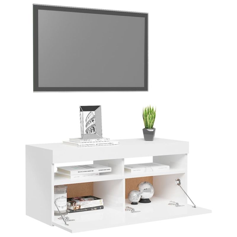 Casa si Gradina - Mobilier - Comode si corpuri - Comode - Comoda TV cu lumini LED, alb extralucios, 90x35x40 cm - Infinity.ro