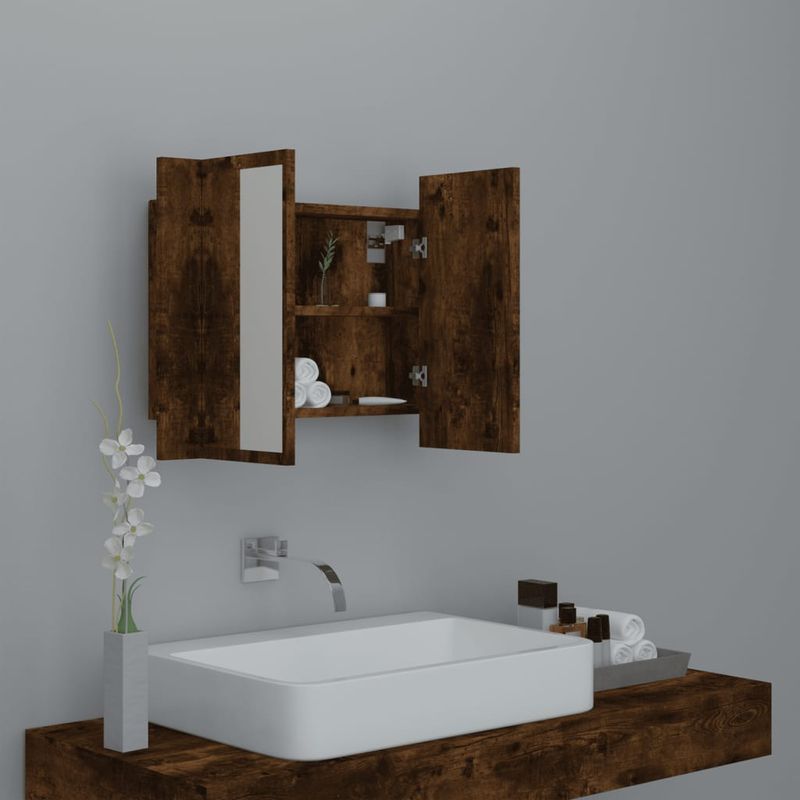 Casa si Gradina - Mobilier - Mobilier baie - Corpuri baie - Dulap de baie cu oglinda si LED stejar fumuriu 60x12x45 cm lemn compozit - Infinity.ro