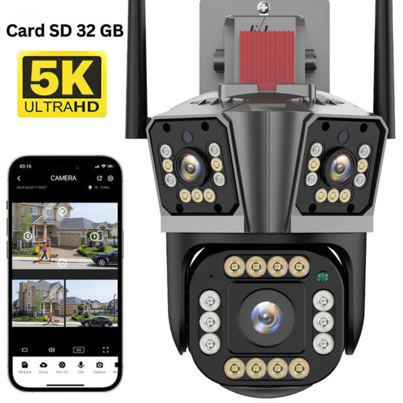 Laptop, Telefoane si Tablete - Wearables si gadgeturi - Gadgeturi - Dispozitive spionaj - Camera de supraveghere tripla 5K, WIFI, 12MP, 32 GB, PTZ, CCTV, zoom 10x - Infinity.ro