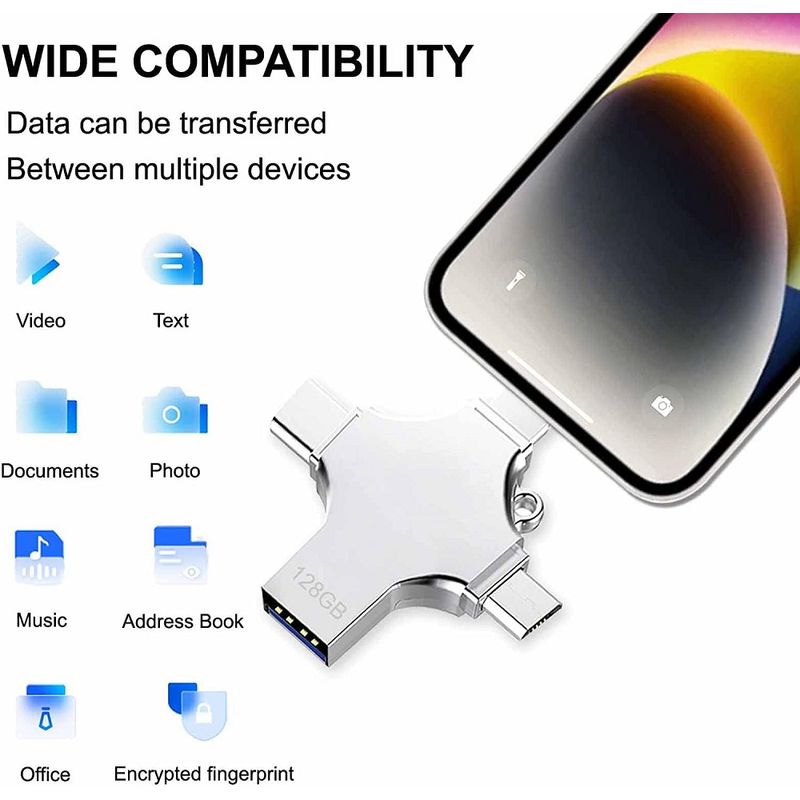 PC, gaming si accesorii - Periferice PC - Memorii USB - Stick USB-C, Axeloni ®, conexiune 4 in 1 Lightning, MicroUSB, Type-C si USB, compatibil cu iOS si Android, 128GB, Gri - Infinity.ro