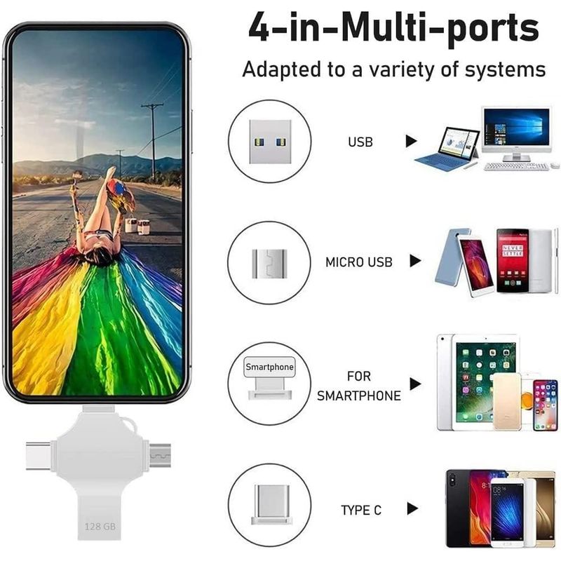 PC, gaming si accesorii - Periferice PC - Memorii USB - Stick USB-C, Axeloni ®, conexiune 4 in 1 Lightning, MicroUSB, Type-C si USB, compatibil cu iOS si Android, 128GB, Gri - Infinity.ro