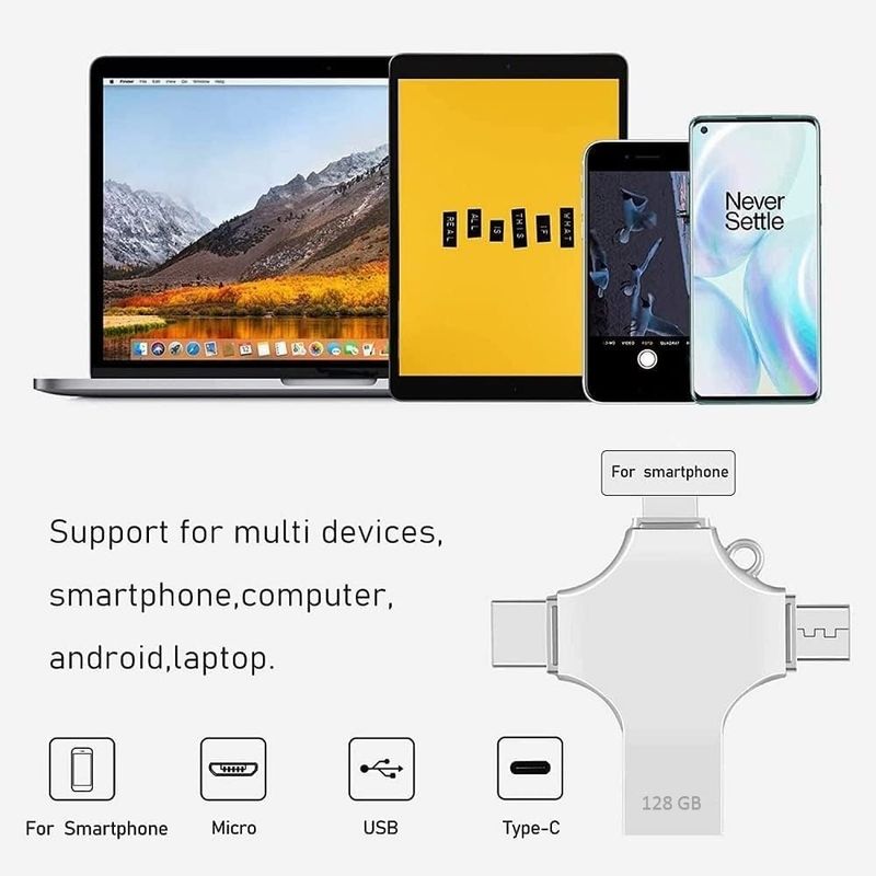 PC, gaming si accesorii - Periferice PC - Memorii USB - Stick USB-C, Axeloni ®, conexiune 4 in 1 Lightning, MicroUSB, Type-C si USB, compatibil cu iOS si Android, 128GB, Gri - Infinity.ro