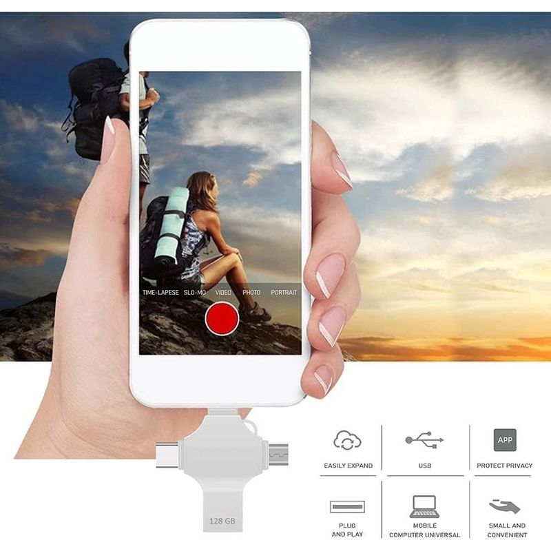 PC, gaming si accesorii - Periferice PC - Memorii USB - Stick USB-C, Axeloni ®, conexiune 4 in 1 Lightning, MicroUSB, Type-C si USB, compatibil cu iOS si Android, 128GB, Gri - Infinity.ro