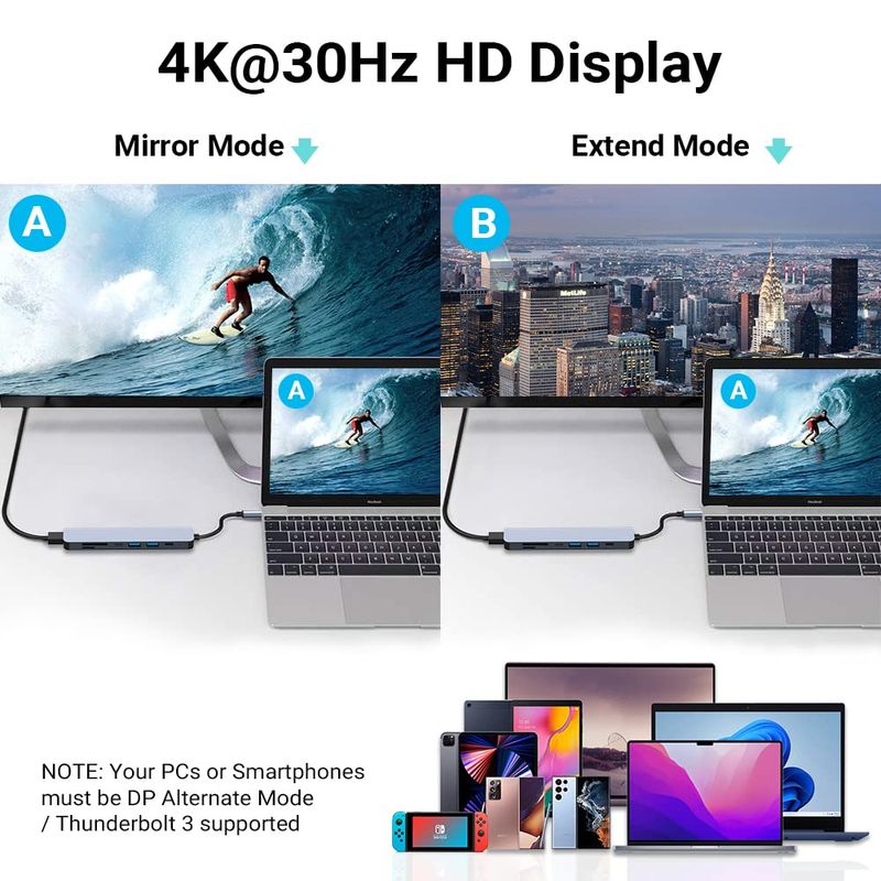 PC, gaming si accesorii - Retelistica - Hub-uri - Hub USB Type-C 7 in 1 Axeloni®, 1 x USB 3.0, 1 x USB 2.0, 1 x USB Type-C, HDMI 4K30Hz, TD si SD Card, PD 100W, Gri - Infinity.ro