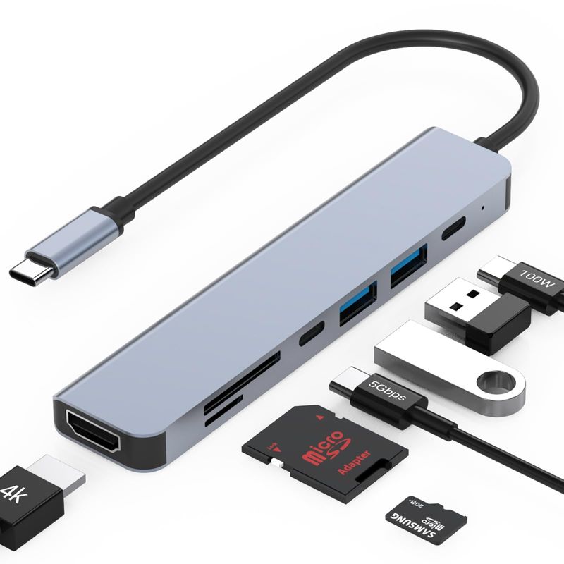 PC, gaming si accesorii - Retelistica - Hub-uri - Hub USB Type-C 7 in 1 Axeloni®, 1 x USB 3.0, 1 x USB 2.0, 1 x USB Type-C, HDMI 4K30Hz, TD si SD Card, PD 100W, Gri - Infinity.ro