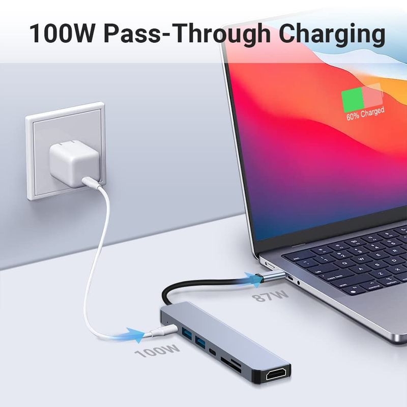 PC, gaming si accesorii - Retelistica - Hub-uri - Hub USB Type-C 7 in 1 Axeloni®, 1 x USB 3.0, 1 x USB 2.0, 1 x USB Type-C, HDMI 4K30Hz, TD si SD Card, PD 100W, Gri - Infinity.ro