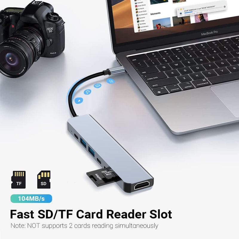 PC, gaming si accesorii - Retelistica - Hub-uri - Hub USB Type-C 7 in 1 Axeloni®, 1 x USB 3.0, 1 x USB 2.0, 1 x USB Type-C, HDMI 4K30Hz, TD si SD Card, PD 100W, Gri - Infinity.ro