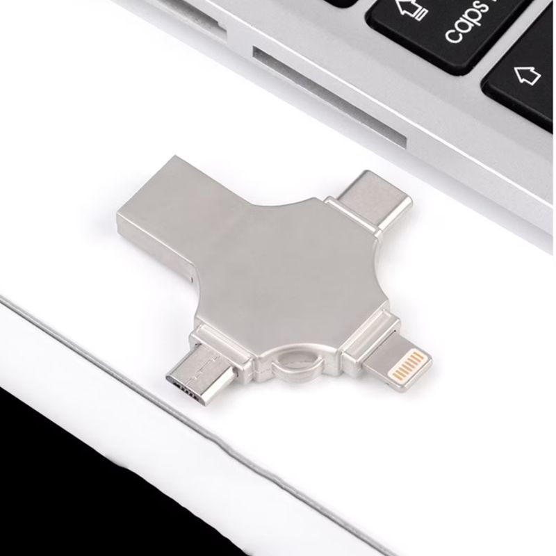 PC, gaming si accesorii - Periferice PC - Memorii USB - Stick USB-C, Axeloni ®, conexiune 4 in 1 Lightning, MicroUSB, Type-C si USB, compatibil cu iOS si Android, 64GB, Gri - Infinity.ro