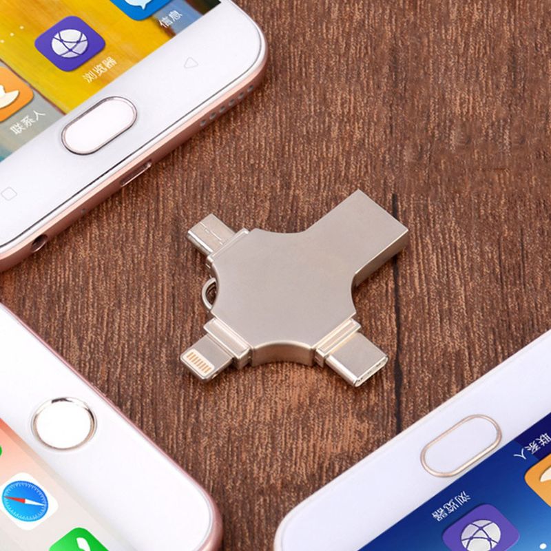 PC, gaming si accesorii - Periferice PC - Memorii USB - Stick USB-C, Axeloni ®, conexiune 4 in 1 Lightning, MicroUSB, Type-C si USB, compatibil cu iOS si Android, 64GB, Gri - Infinity.ro
