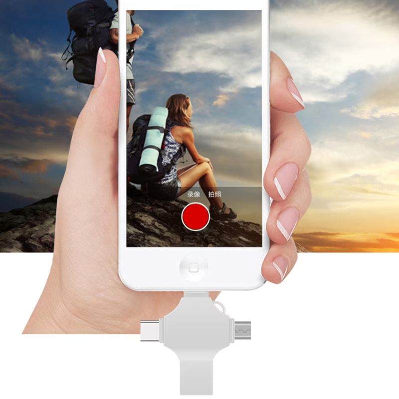 PC, gaming si accesorii - Periferice PC - Memorii USB - Stick USB-C, Axeloni ®, conexiune 4 in 1 Lightning, MicroUSB, Type-C si USB, compatibil cu iOS si Android, 64GB, Gri - Infinity.ro