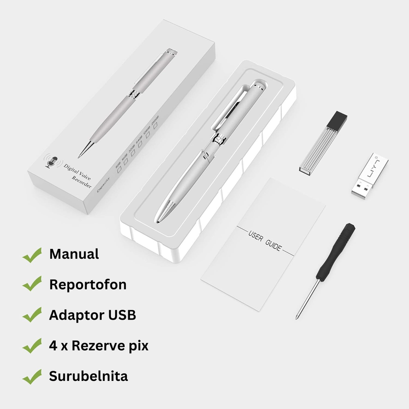 Laptop, Telefoane si Tablete - Wearables si gadgeturi - Gadgeturi - Dispozitive spionaj - Pix cu microfon ascuns, autonomie 10 ore, MP3 Player, 32GB, argintiu - D3191 - Infinity.ro