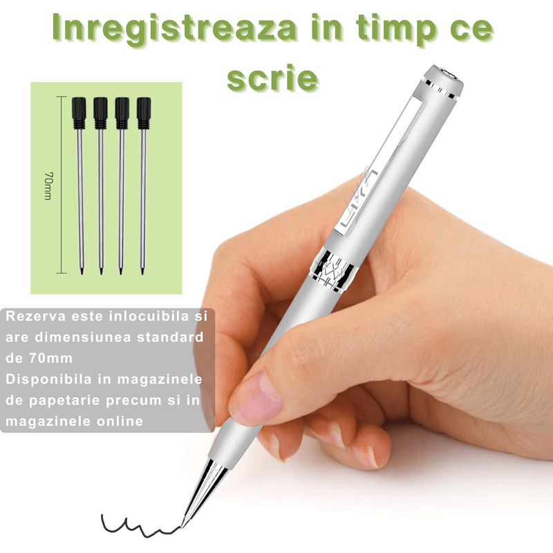 Laptop, Telefoane si Tablete - Wearables si gadgeturi - Gadgeturi - Dispozitive spionaj - Pix cu microfon ascuns, autonomie 10 ore, MP3 Player, 32GB, argintiu - D3191 - Infinity.ro